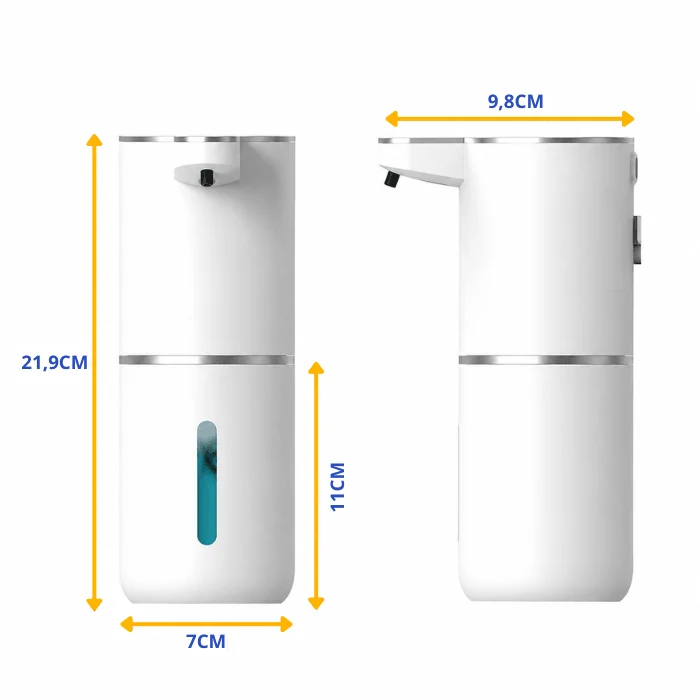 Dimensões da saboneteira LuxSense: 21,9 cm de altura, 7 cm de largura e 9,8 cm de profundidade