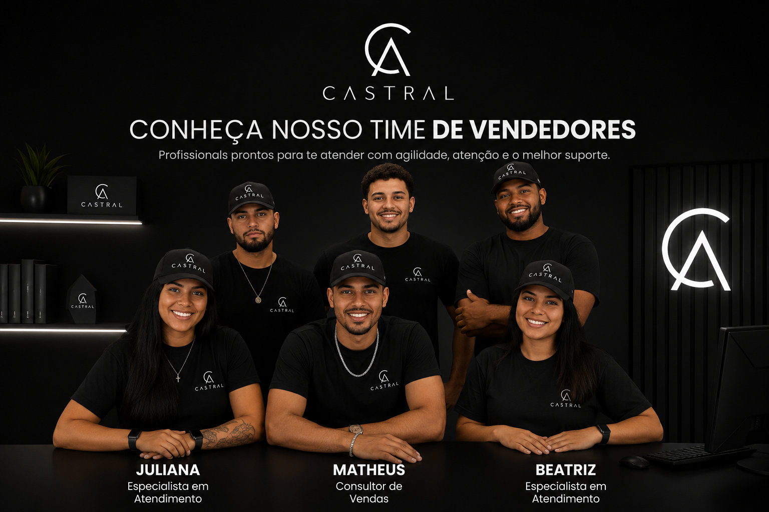 Time de vendedores da Castral: Juliana, Matheus e Beatriz, especialistas em atendimento e vendas